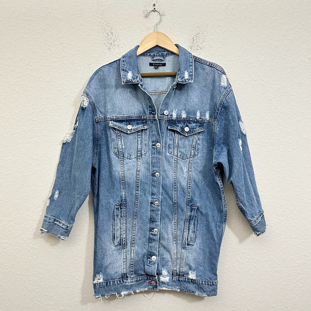 FIORE Long Jean Jacket Blue Denim Distressed Cotton Shacket Grunge City